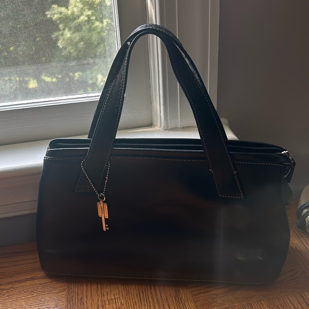 Fossil Sedona Black Leather Satchel Medium Handbag Purse